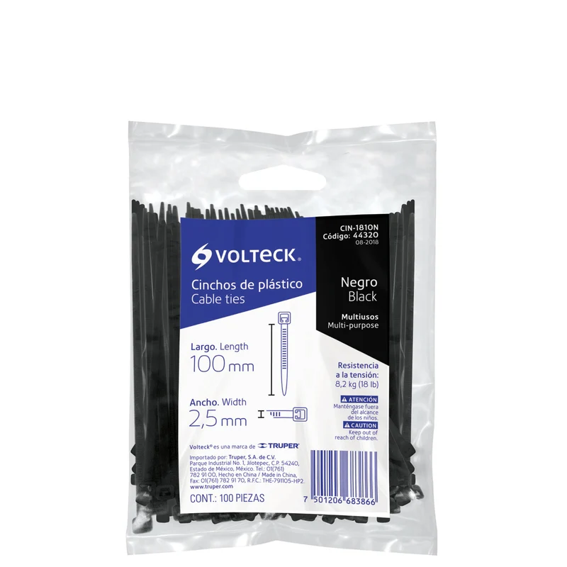 BOLSA CON 100 PRECINTOS PLÁSTICOS VOLTECK, 100X2.5 MM