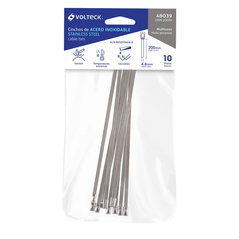 BOLSA CON 10 PRECINTOS VOLTECK DE 20 CM, ACERO INOXIDABLE