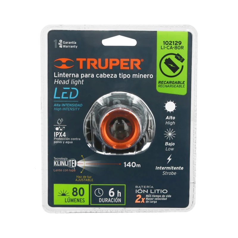 LINTERNA DE MINERO RECARGABLE TRUPER, 80 LÚMENES DE 1 LED
