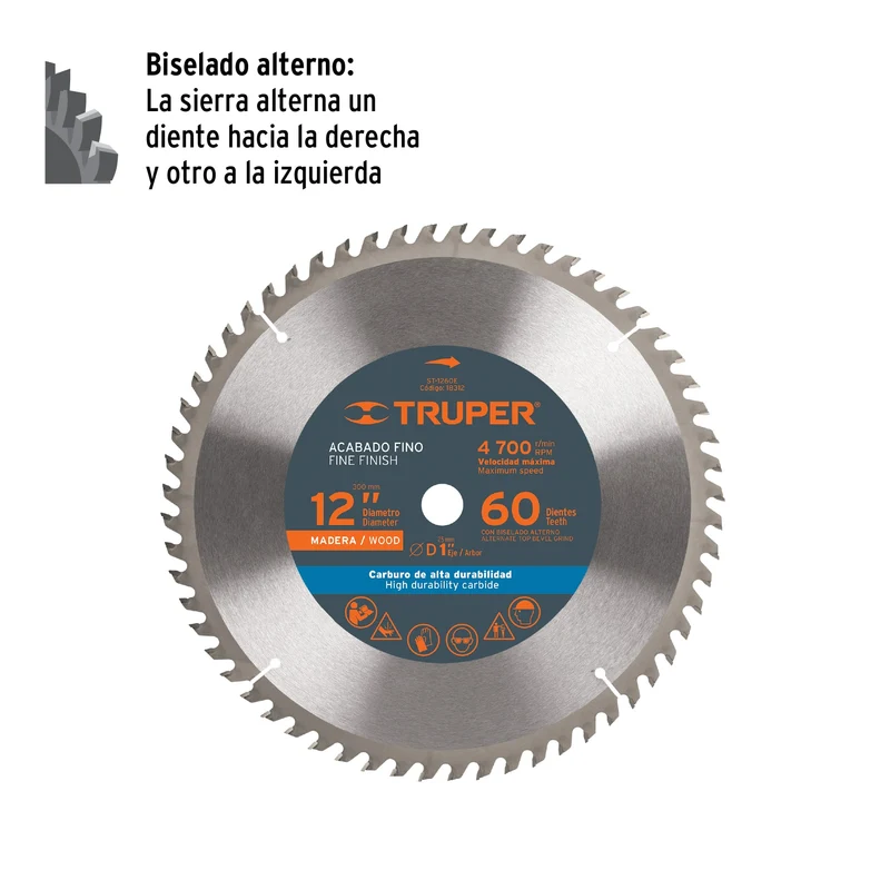 DISCO SIERRA 12" PARA MADERA TRUPER, 60 DIENTES CENTRO 1"