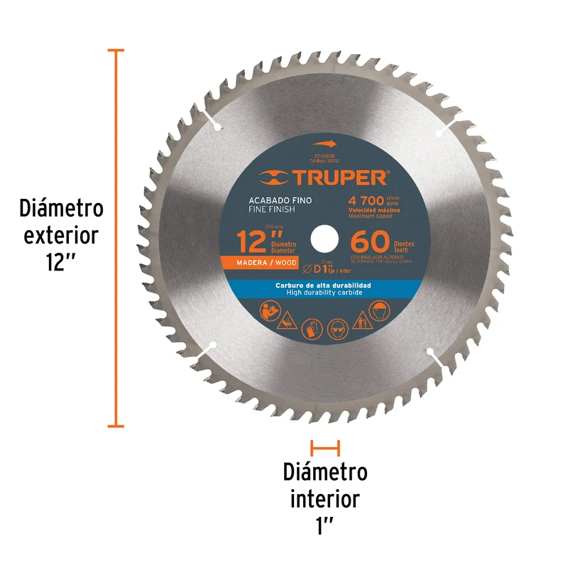 DISCO SIERRA 12" PARA MADERA TRUPER, 60 DIENTES CENTRO 1"