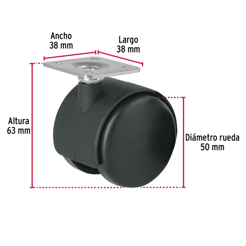 RODAJA TIPO YOYO DE 50 MM CON PLACA, SIN FRENO, FIERO
