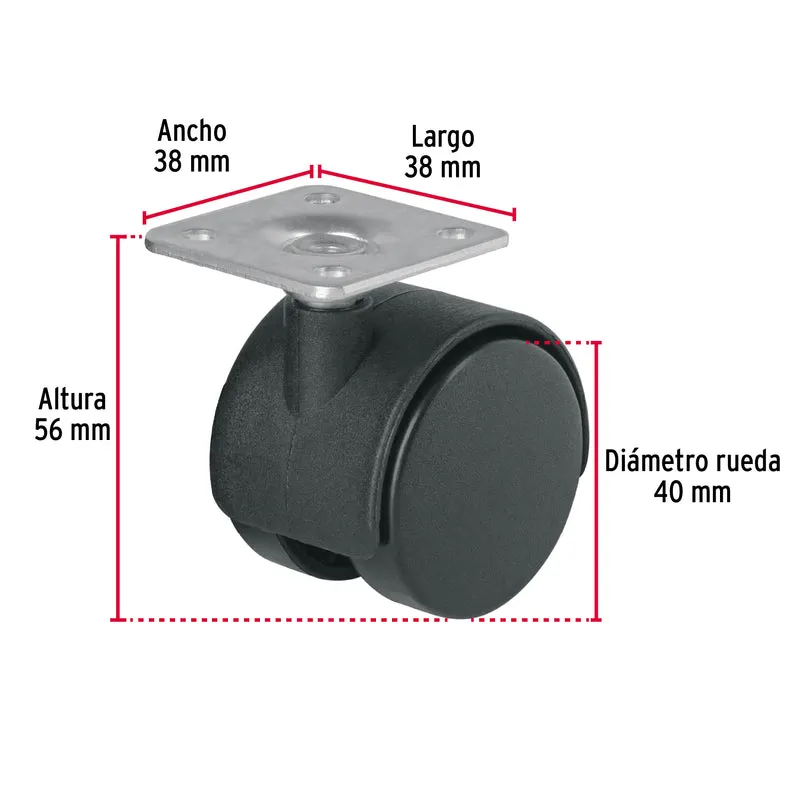 RODAJA TIPO YOYO DE 40 MM CON PLACA, SIN FRENO, FIERO