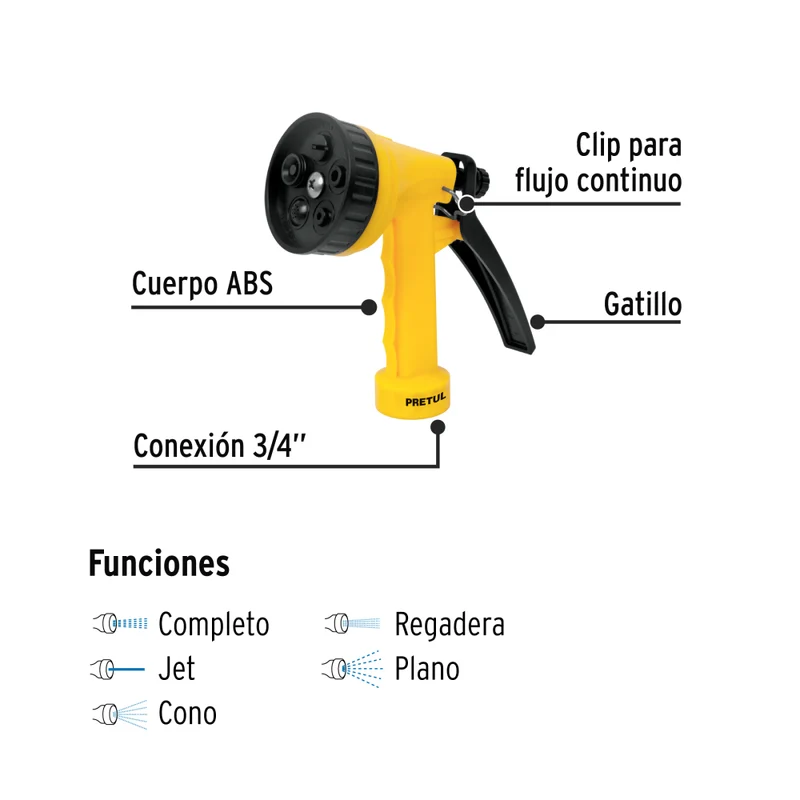 PISTOLA RIEGO PLAST. 5 FUNCIONES, PRETUL