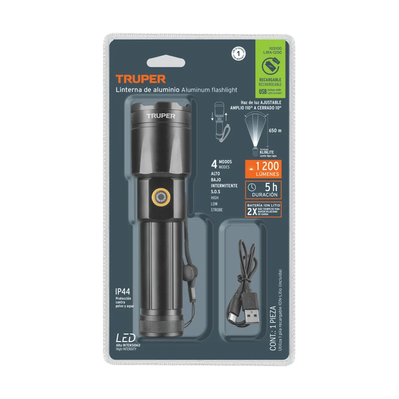 LINTERNA LED RECARG. DE ALUMINIO 1200LM, TRUPER