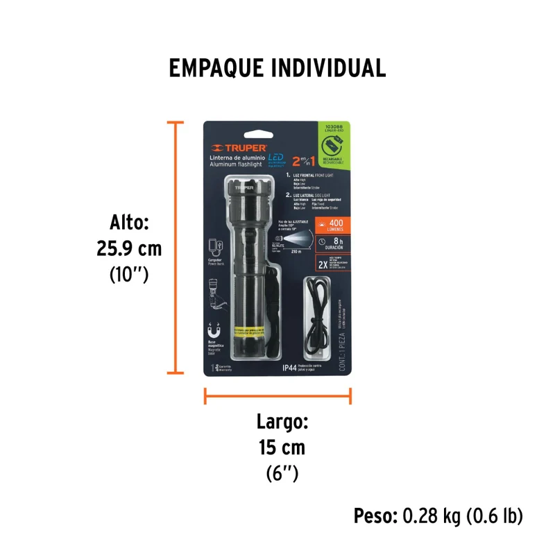 LINTERNA LED RECARG. C/LUZ DE EMERGENCIA 410LM