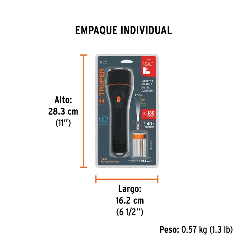 LINTERNA PLAST. 180 LM C/2 PILAS D, TRUPER