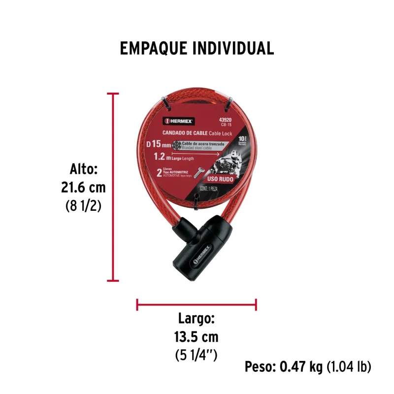 CANDADO DE CABLE C/LLAVE 1,20MX15MM