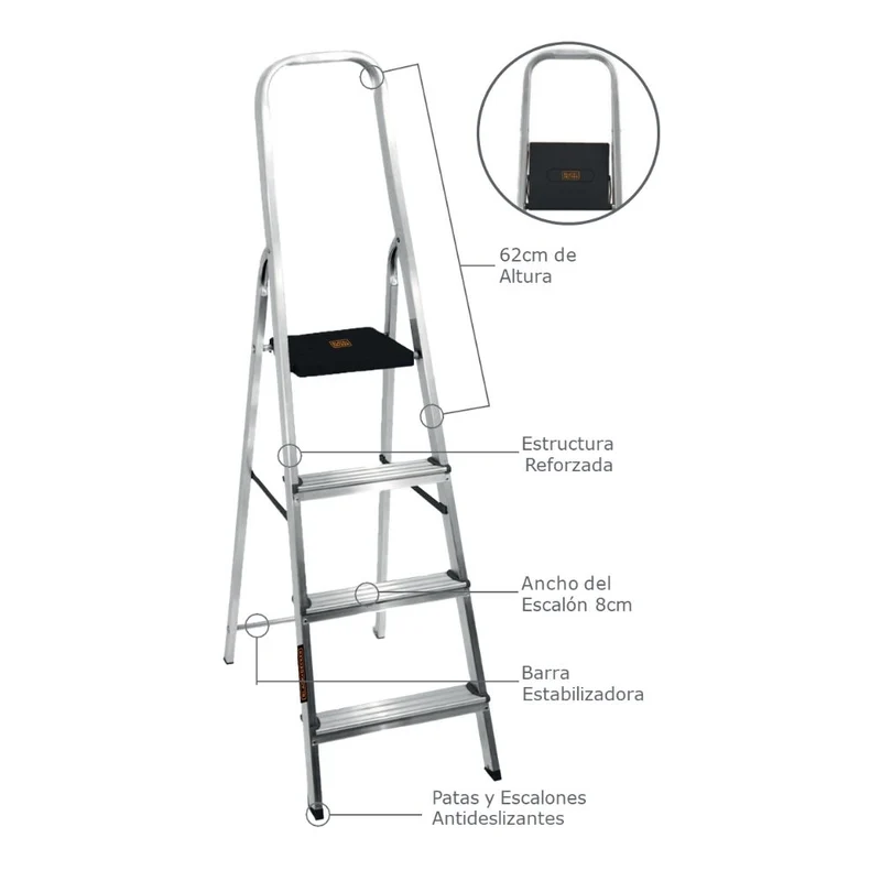 ESCALERA REFORZADA DE ALUMINIO BLACK&DECKER, 4 ESCALONES, 150 KG