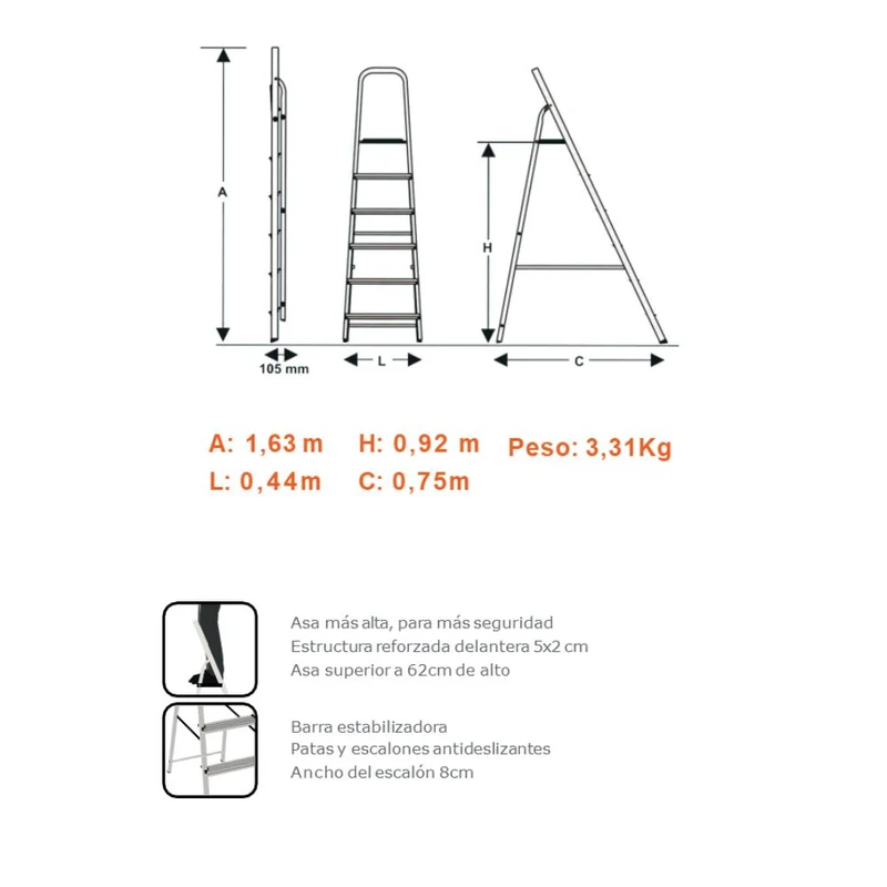 ESCALERA REFORZADA DE ALUMINIO BLACK&DECKER, 4 ESCALONES, 150 KG
