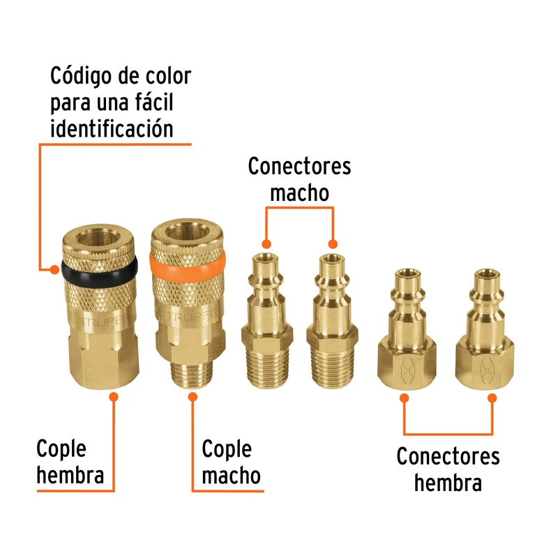 JUEGO DE 6 PIEZAS, COPLES Y CONECTORES RÁPIDOS DE LATÓN