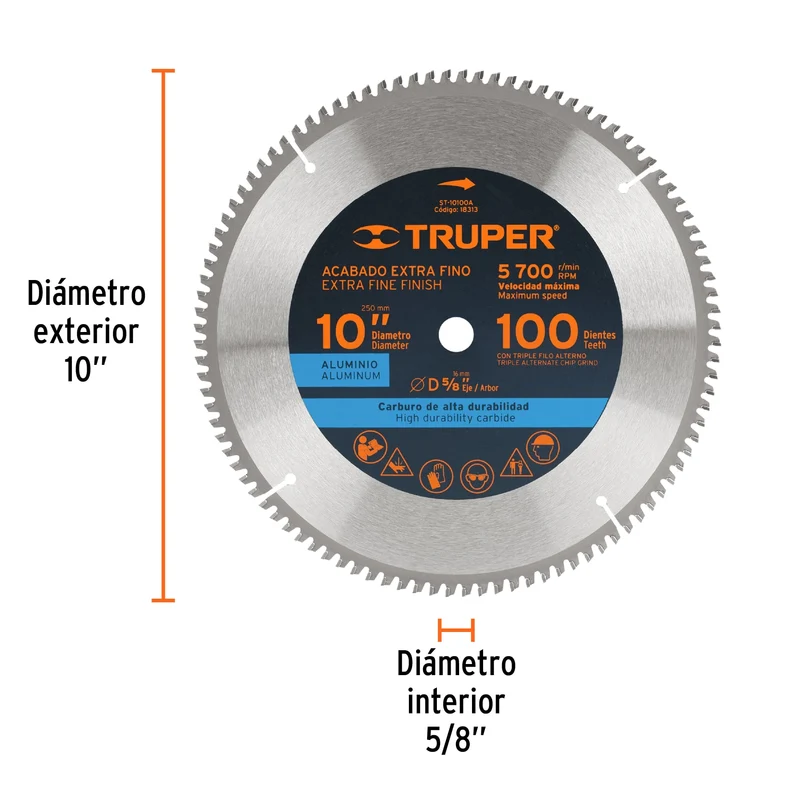 DISCO SIERRA 10" PARA ALUMINIO, 100 DIENTES CENTRO 5/8"