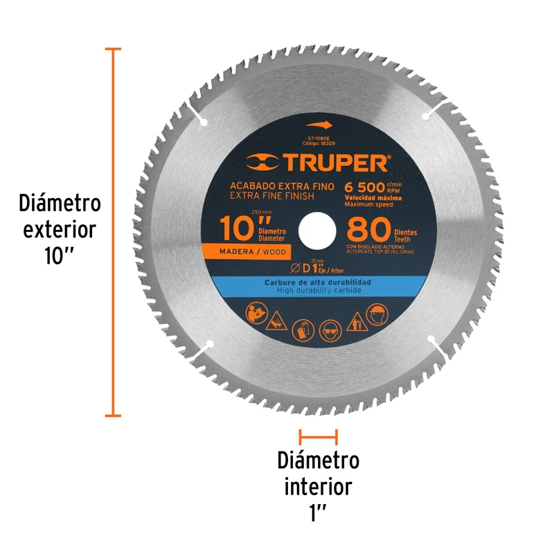 DISCO SIERRA 10" PARA MADERA, 80 DIENTES CENTRO 1", TRUPER