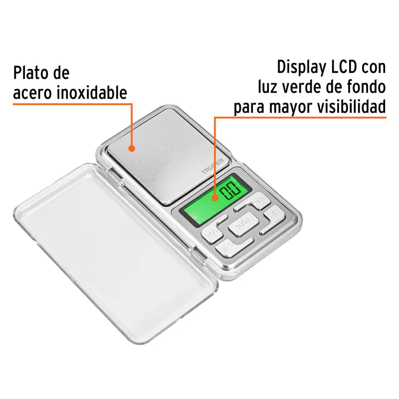 BÁSCULA ELECTRÓNICA DE BOLSILLO, DE PILAS, 500 G, TRUPER