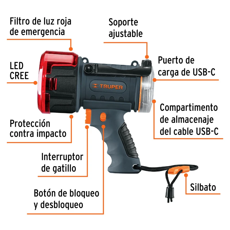 LINTERNA REFLECTORA LED 900 LM, RECARGABLE, TRUPER